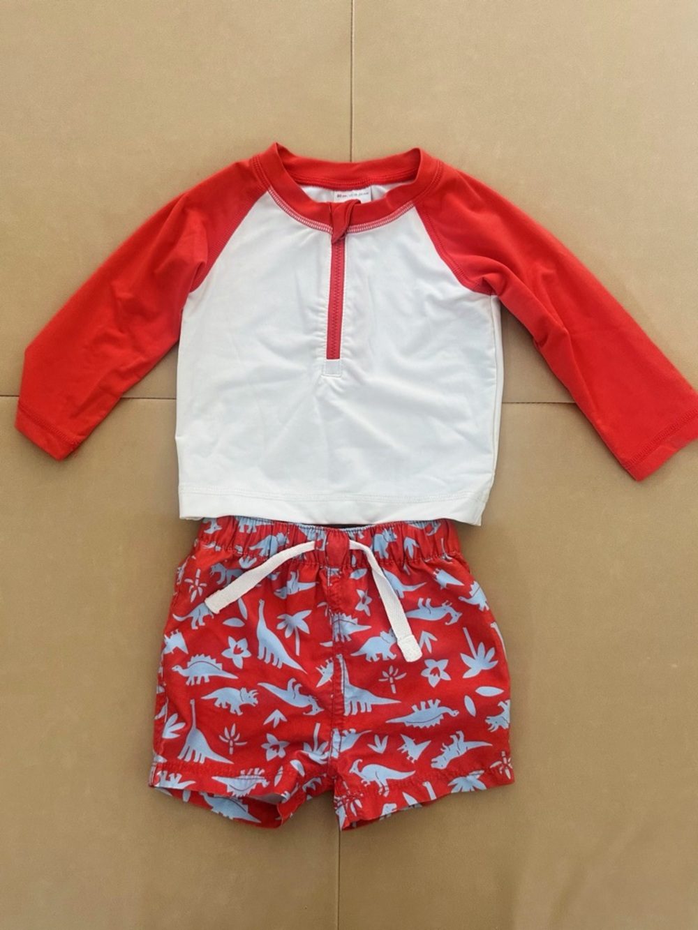 Hanna Andersson Long Sleeve Rashguard with Dino Print Swim Trunks - 18-24M